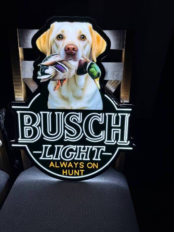 lot 174 image: Busch Light Hunting Dog, Yellow Lab with Mallard Duck, LED sign, NIB