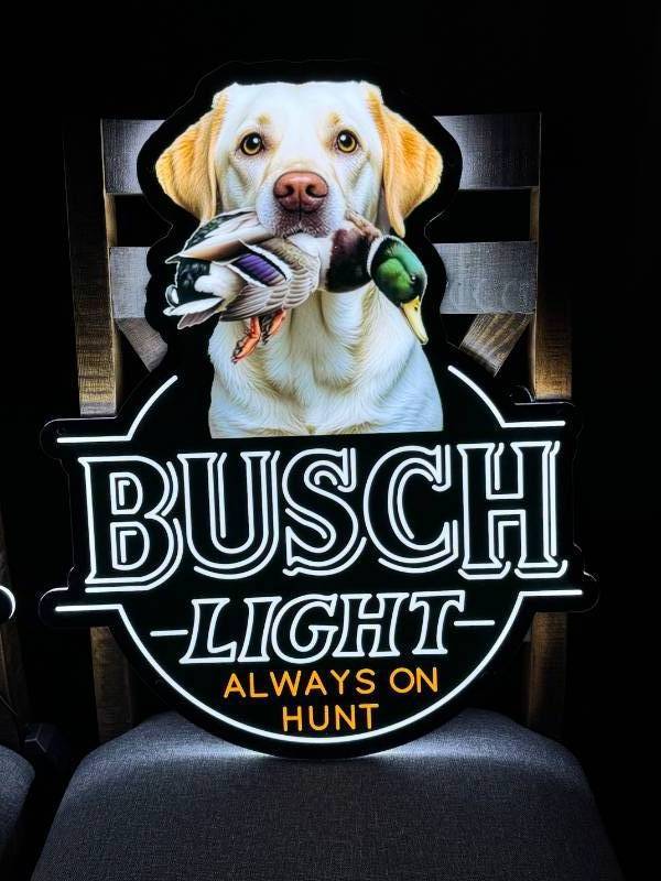 lot 174 image: Busch Light Hunting Dog, Yellow Lab with Mallard Duck, LED sign, NIB
