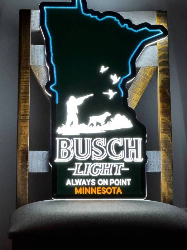 lot 175 image: Busch Light, state of MN background with hunter and dog LED sign, NIB