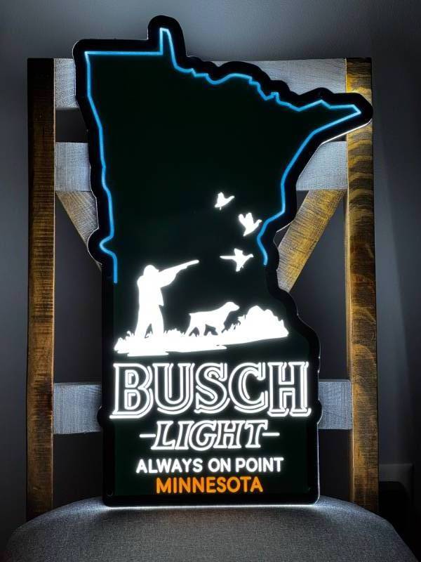 lot 175 image: Busch Light, state of MN background with hunter and dog LED sign, NIB