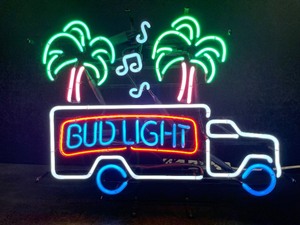 lot 9 image: Bud Light beer truck with musical notes and palm trees, neon sign