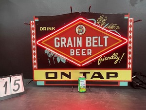 lot 15 image: Grain Belt Beer on Tap metal sign with neon border