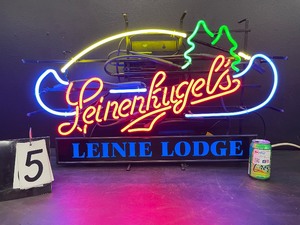 Leinenkugel's Leinie Lodge neon sign with canoe and trees