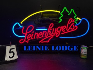 Leinenkugel's Leinie Lodge neon sign with canoe and trees