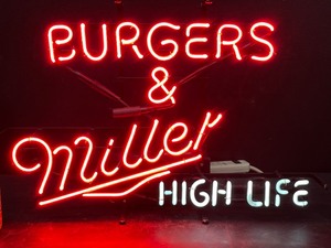 lot 74 image: Burgers & Miller High Life neon sign