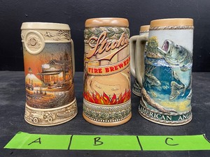 lot 190 image: Lot of 4 collectible Ducks Unlimited, Terry Redlin, Strohs Fire Brewed, American Angler Large Mouth Bass ceramic beer steins
