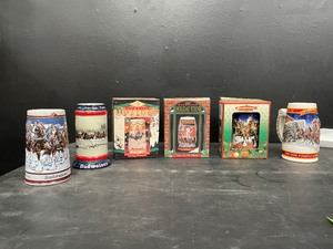 lot 191 image: Budweiser Holiday beer steins, Christmas Collection, winter scenes, Lot of 6, 1989