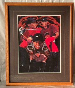 lot 205 image: Tiger Woods framed print  artwork, montage of photos, GOAT