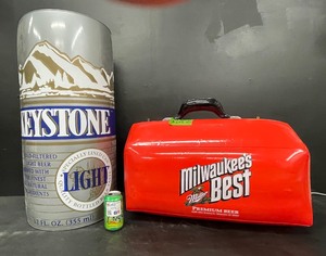 lot 214 image: Inflatable Keystone beer can and Milwaukees Best toolbox