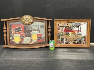 lot 224 image: Lot of 2 Arrow Schnapps mirror and Carling Black Label Beer prestige wall plaque, mfr 1971