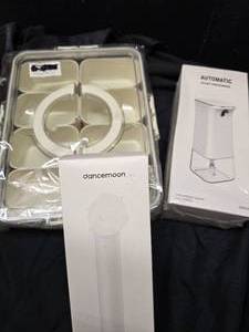 lot 88 image: Auto hand soap disp, box with compartments and pet hair remover tool