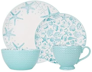 lot 148 image: Pfaltzgraff Venice 16-Piece Stoneware Dinnerware Set, Service for 4, Aqua and White Color Combination, Durable and Chip Resistant, Microwave Safe