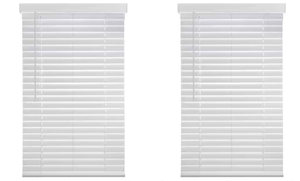 lot 435 image: LOT OF 2 White Cordless Faux Wood Blinds for Windows with 2 in. Slats - 34 in. W x 84 in. L (Actual Size 33.5 in. W x 84 in. L)