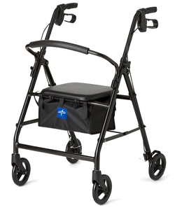 lot 180 image: Medline Steel Rollator Walker for Adult Mobility Impairment, Black, 300 lb. Weight Capacity, 6 Wheels, Foldable, Adjustable Handles, Rolling Walker for Seniors