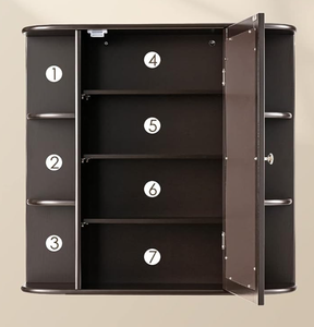 lot 305 image: COSTWAY Mirror Cabinet Bathroom, 4 Compartments and 6 Open Shelves, Bathroom Cabinet with Mirror, Hanging Bathroom Cabinet, Wood, 66 x 17 x 63 cm (Brown)