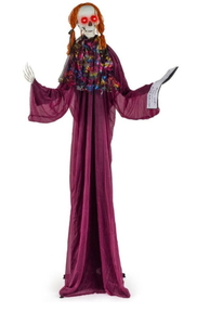 lot 339 image: Boyel Living - 6ft Halloween Animated Scary Girl Holding Book with Light-Up Eyes and Sound Moving Arms and Head - Purple (USED, Missing Poles)