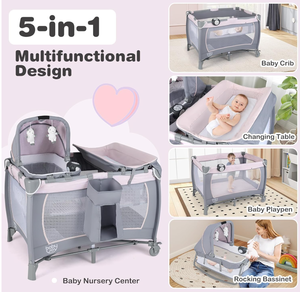 lot 80 image: BABY JOY 5 in 1 Pack and Play, Portable Baby Playard wBassinet & Diaper Changing Table, Infant Pink Bassinet Crib with Toys & Music & Oxford Bag for Baby Girl Toddlers (Pink)