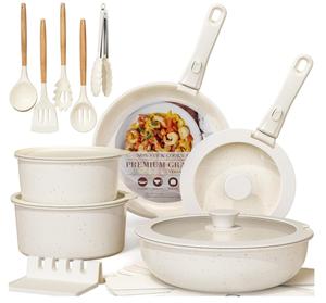 lot 235 image: Astercook Ceramic Non-stick Cookware 21 Pcs Pots and Pans Set, Detachable Handle, RV Kitchen Non Stick Cooking Set Removable Handles, Oven Safe, Induction Ready, Stackable, Cream White