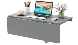lot 258 image: Giantex Wall Mounted Folding Table, 31.5 x 23.5 Wood Murphy Desk Drop-Leaf Table, Space Saving Foldable Floating Desk, Wall Desk Fold Down for Small Spaces, Study, Bedroom, Bathroom (Gray)