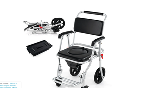 lot 263 image: 4-in-1 Multi-purpose Bedside Commode Toilet Chair Foldable Aluminum Shower Wheelchair with Footrest and Removable Bucket