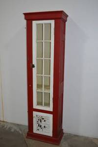 lot 21 image: Vintage Tall Red and White Pie Safe Cabinet with Tin Panel