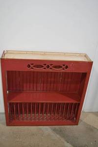 lot 24 image: Red Wall-Mount Plate Rack and Ornate Wood Mirror