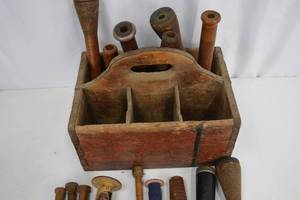 lot 35 image: Antique Wooden Industrial Textile Spools and Divided Caddy