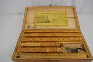 lot 38 image: Antique Excelsior Sign and Price Marker Set in Wood Case