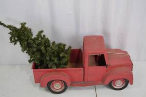 lot 48 image: Red Truck Holiday Decor with Faux Christmas Tree