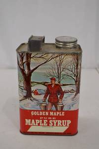 lot 54 image: Vintage Golden Maple Pure Maple Syrup Tin Half Gallon