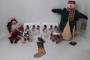 lot 1 image: Christmas Decor Lot Snowman Figurines, Santa Doll, Holiday Houses