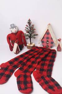 lot 2 image: Buffalo Plaid Christmas Decor Lot Stockings, Birdhouses, Snowman, Tree