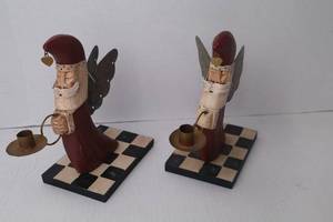 lot 7 image: Pair of Santa Angel Candle Holder Figures, Folk Art Christmas Decor