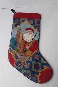 lot 8 image: Christmas Needlepoint Stocking with Santa Fishing, Wool & Velvet, 17 in