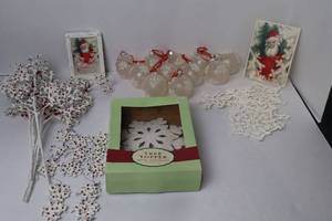 lot 12 image: Christmas Decor Lot Tree Topper, Ornaments, Vintage Santa Art & Snowflake Accents