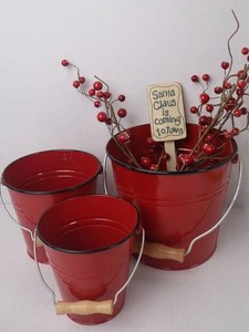 lot 13 image: Christmas Red Buckets Decor Lot with Sign and Faux Berries