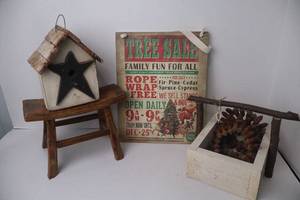 lot 14 image: Rustic Home Decor Lot Mini Stool, Birdhouse, Wood Planter, Tree Sale Sign, Acorn Accents