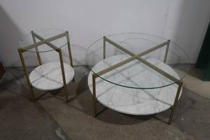 lot 62 image: Modern Glass and Faux Marble Round Coffee Table and Side Table Set