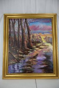 lot 64 image: Joyce Ostlund Oil Painting Golden Time in the Forest Framed 30x24