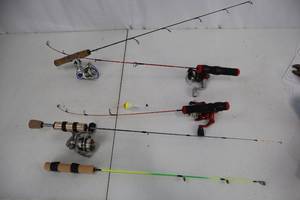 lot 74 image: Lot of 4 Ice Fishing Rods and Reels - 13 White Noise, Jason Mitchell Meat Stick, Pro Series, OptiMax