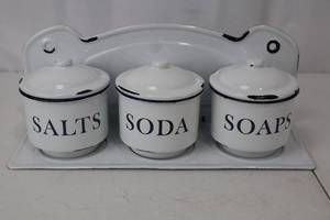 lot 90 image: Canister Set - Salts & Soda & Soaps (Wall-Mounted Ceramic)