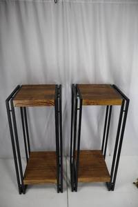 lot 113 image: End Table Pair - Wood Top & Black Metal Frame