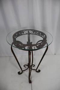 lot 114 image: Round Glass-Top Table - Wrought Iron Base