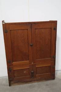 lot 161 image: Oak Pantry Cabinet - Vintage Four-Door Cupboard with Iron Hinges