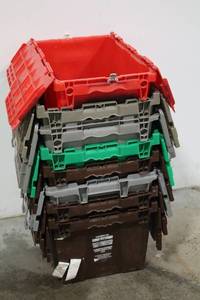 lot 173 image: Stackable Plastic Crates - Red, Gray, Green & Brown