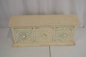 lot 116 image: Three-Drawer Carved Wood Storage Chest - Distressed Cream Finish