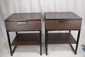 lot 131 image: Nightstands - Dark Wood Grain with Black Metal Frame (Set of 2)
