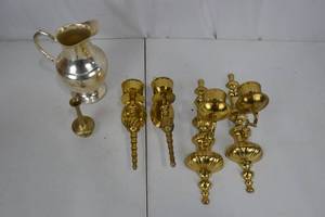 lot 152 image: Brass Pitcher & Ornate Candlesticks - DesignCo India