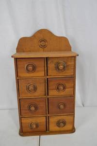 lot 160 image: Wooden Apothecary Cabinet - Two-Column, Eight Drawers, Decorative Backboard