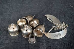 lot 217 image: Sterling Silver Thimbles & Crescent Plate Necklace - GIN Engraved